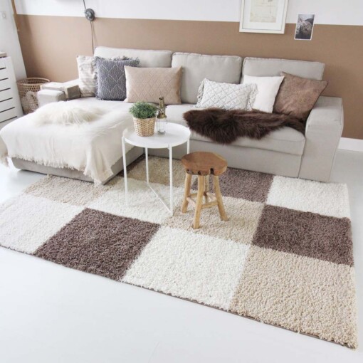 Hochflor Teppich Kariert Shaggy Trend - Mokka