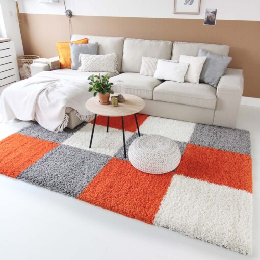 Hochflor Teppich Kariert Shaggy Trend - Orange