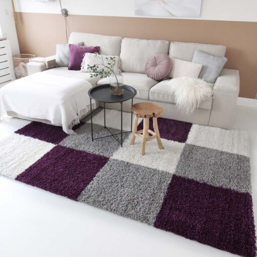 Hochflor Teppich Kariert Shaggy Trend - Lila