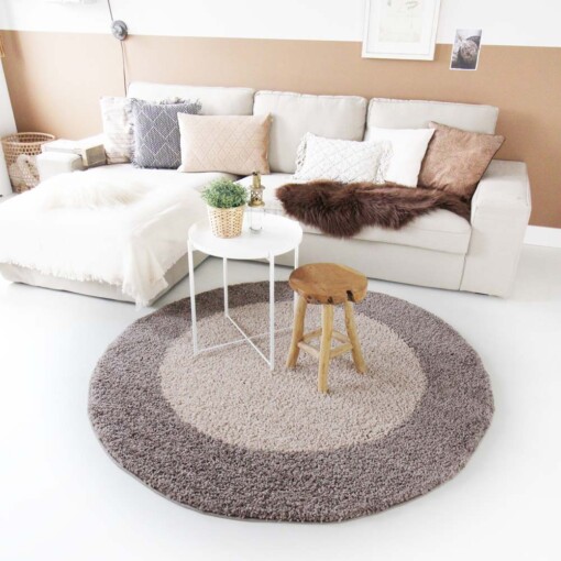 Hochflor Teppich Rund Bordüre Shaggy Trend - Taupe - sfeer