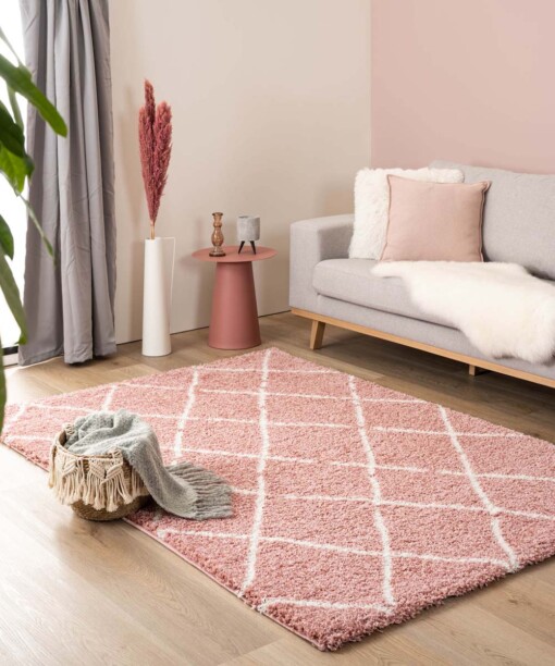 Hochflor Teppich Rautenmuster Artisan - Rosa/Weiß - sfeer