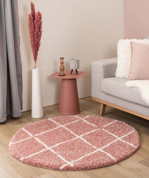 Hochflor Teppich Rund Rautenmuster Artisan - Rosa/Weiß - sfeer