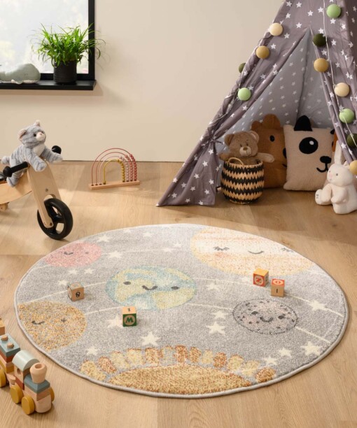 Kinderteppich Rund Planeten - Dreams Hellgrau/Bunt