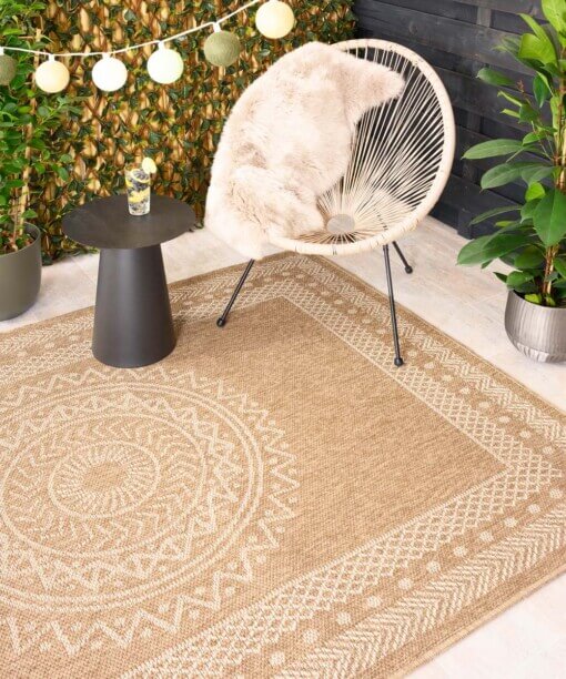 Outdoor Teppich Jute Optik - Boho Mandala Beige/Weiß